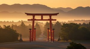 朱色の明神鳥居が朝霧の中に立つ神社