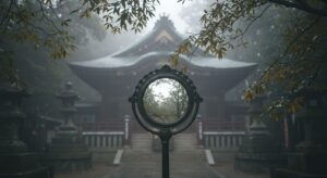 神社本殿に掛けられた大型青銅鏡と差し込む朝日