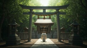 朝日に照らされる神社の苔むした境内と古木、生命の尊厳と自然との繋がりを象徴