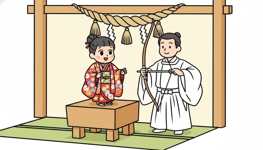 宮崎神社で七五三詣の際に行う盤上鳴弦の儀の様子を表したイラスト