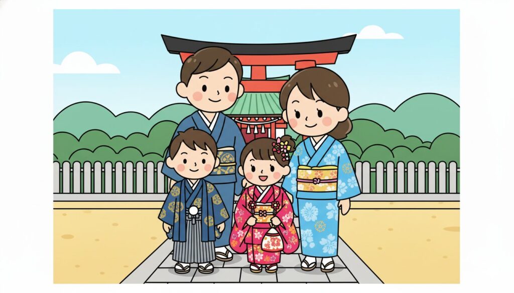 東広島市の宮崎神社の鳥居の前で七五三詣を終えた家族のポップなイラスト