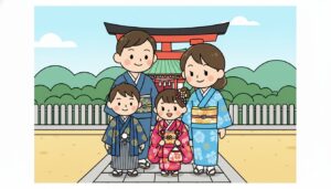 東広島市の宮崎神社の鳥居の前で七五三詣を終えた家族のポップなイラスト
