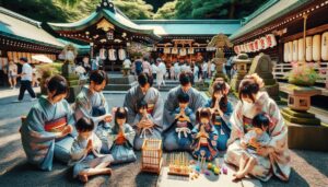 神社で七五三を楽しむ家族