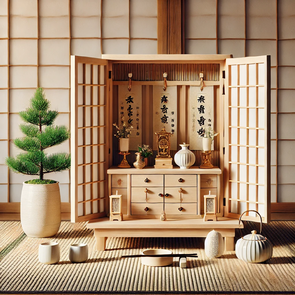 DALL·E 2025 01 22 21.18.17 A serene Japanese style altar kamidana placed in a traditional Japanese home. The altar is made of light wood with three small sliding doors contai