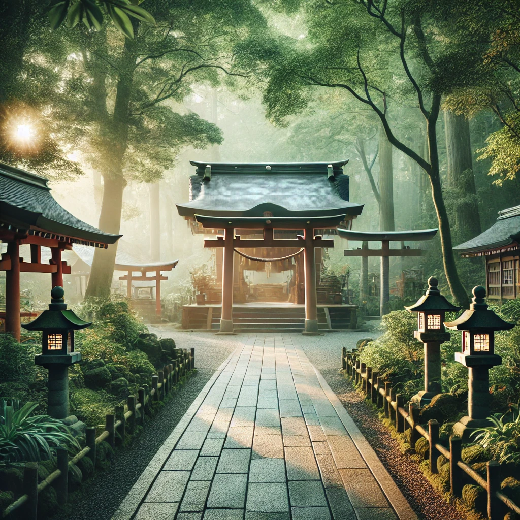 DALL·E 2025 01 26 22.41.16 A serene and traditional Japanese Shinto shrine surrounded by lush greenery with soft morning sunlight filtering through the trees. In the foreground