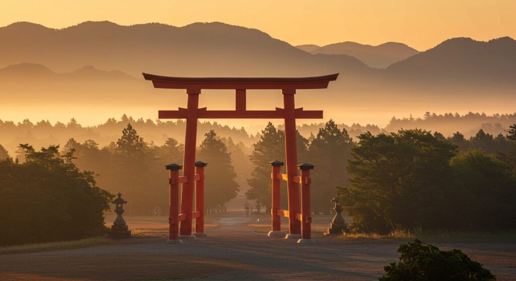 朱色の明神鳥居が朝霧の中に立つ神社