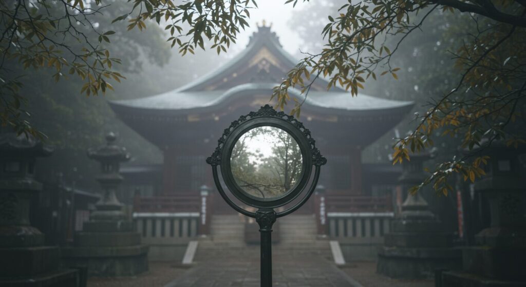 神社本殿に掛けられた大型青銅鏡と差し込む朝日