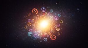 四魂(しこん)を表す様々な色の光が直霊(なおひ)である中心の明るい光に集まる抽象的なイメージ、魂の永遠の循環と安らぎを表現