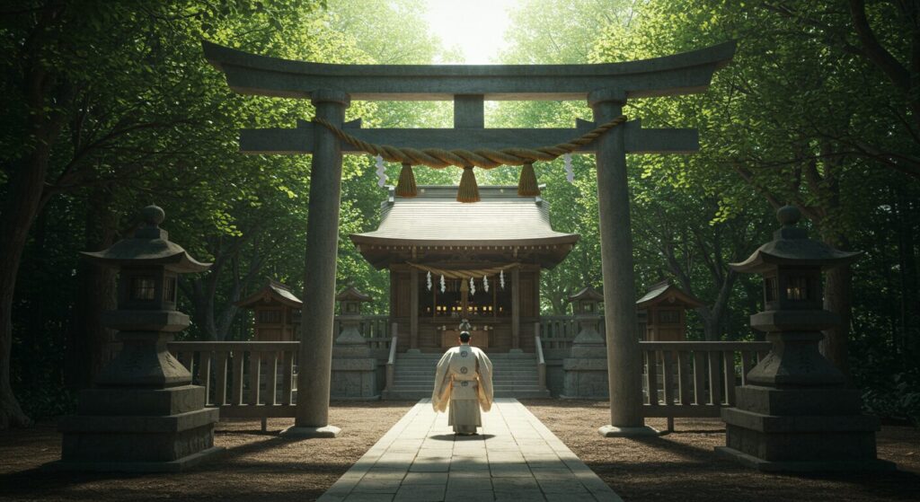 朝日に照らされる神社の苔むした境内と古木、生命の尊厳と自然との繋がりを象徴