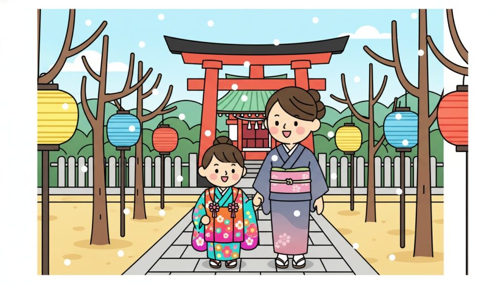 東広島市の宮崎神社で七五三詣に向かう親子のポップなイラスト